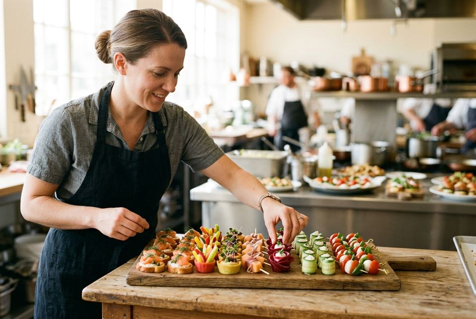 Caterer arranging canapés on a platter