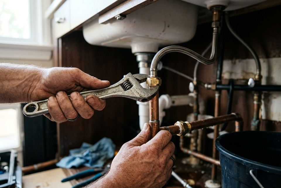 Plumber working under a kitchen sink