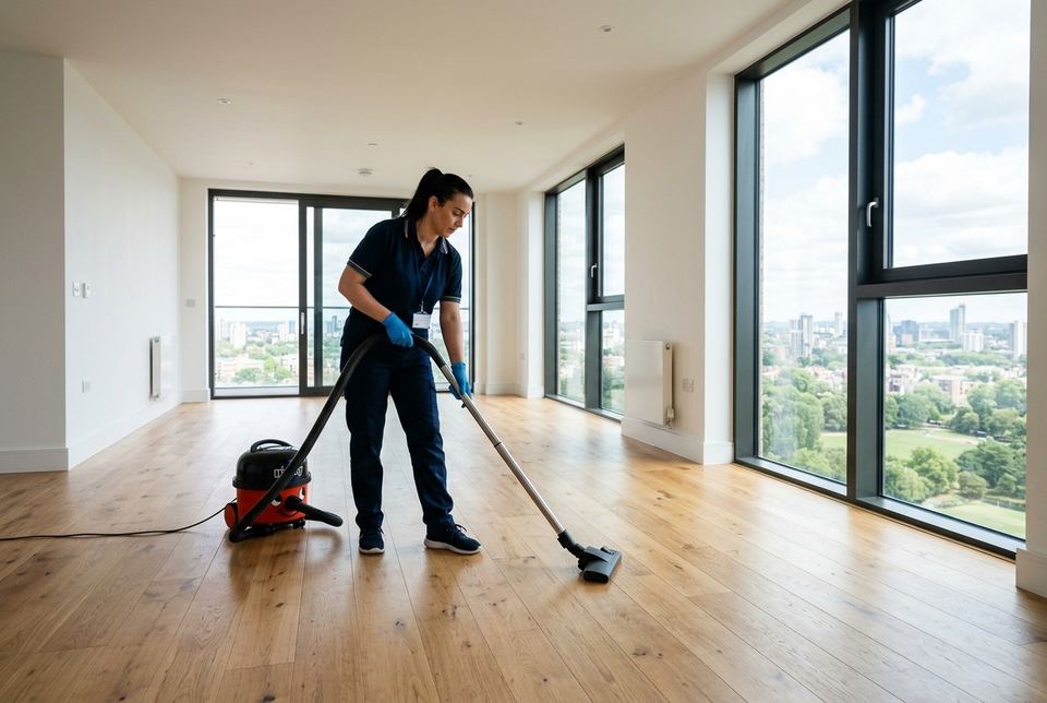 Cleaner vacuuming an empty apartment